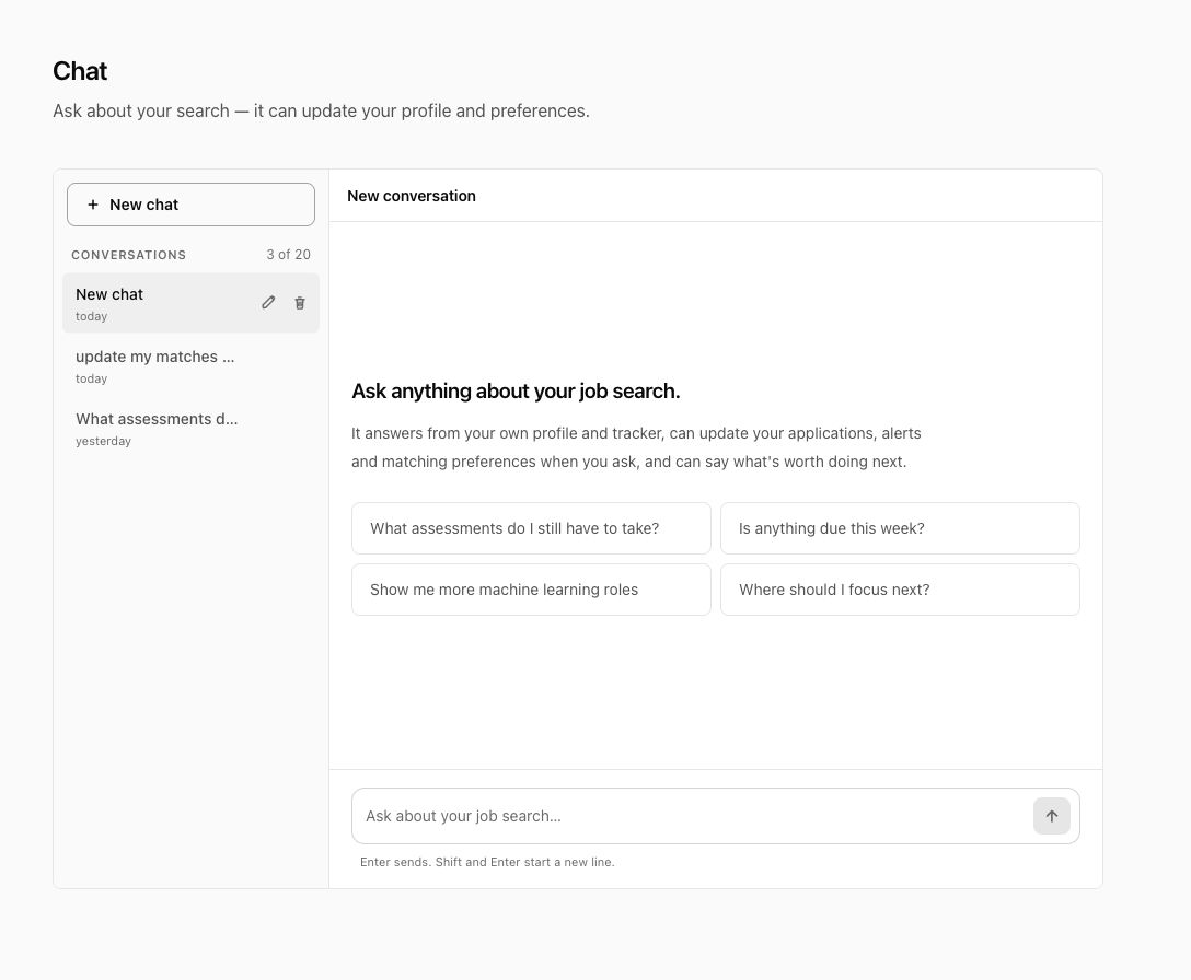 Screenshot of the current Appwing Chat tab. A new conversation explains that chat can update applications, alerts, matching preferences, and profile details.