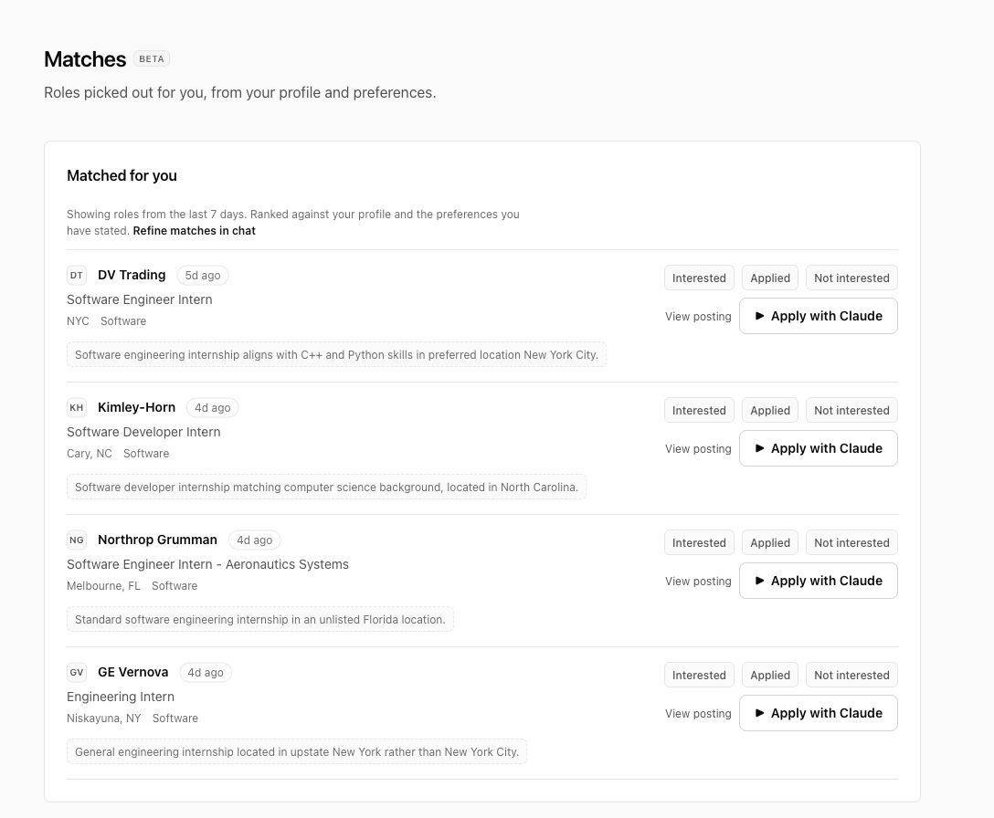 Screenshot of the current Appwing Matches tab. Four recent internship recommendations display their company, location, match reason, and Apply with Claude controls.