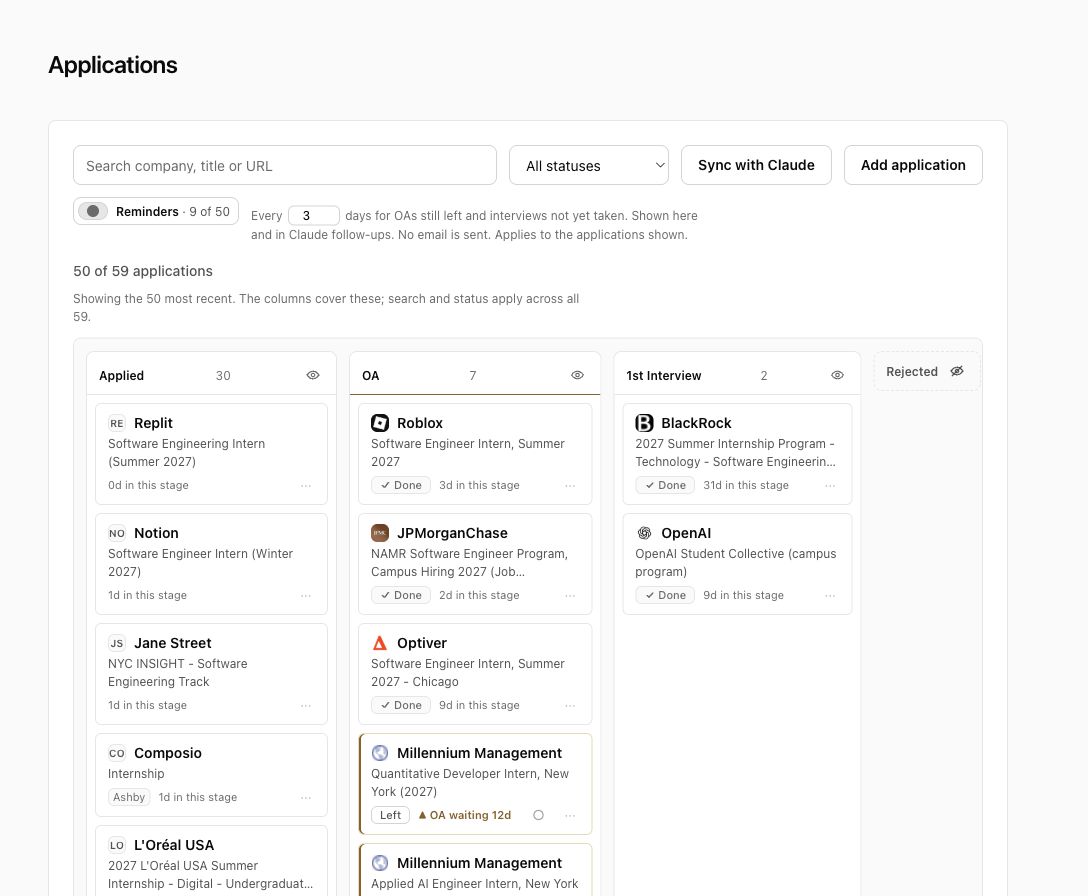 Screenshot of the current Appwing Applications tab. A Kanban board organizes tracked internships by Applied, OA, and first-interview stages, with Sync with Claude and reminders controls.